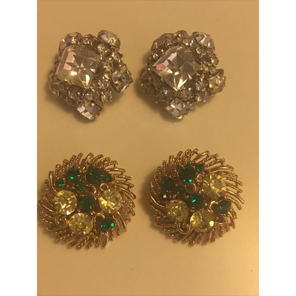 2 Vintage Lisner Signed Green Rhinestone & Starburst Earrings Clip ON large